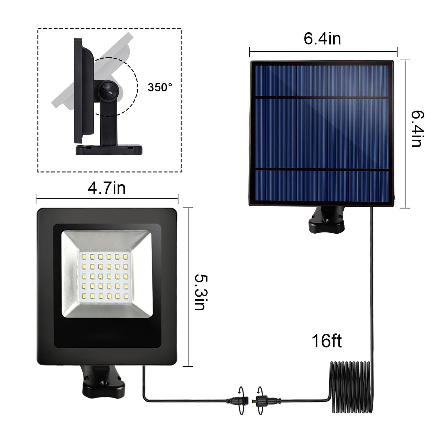 Solar Flood Lights Outdoor Dusk to Dawn Solar Light 4400mAh Waterproof LED 3000K Warm White Wall Mount with Detachable Panel for Outside, Patio