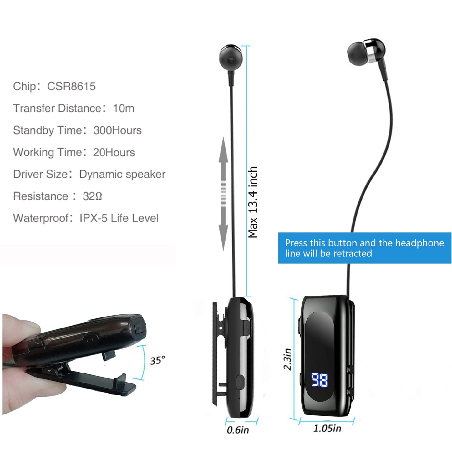 FashionLive Retractable Wireless Headset Headphone Stereo Earphone V5.0 Noise Cancelling Mic Clip on Earpiece Comfortable HandsFree Headset 20Hrs