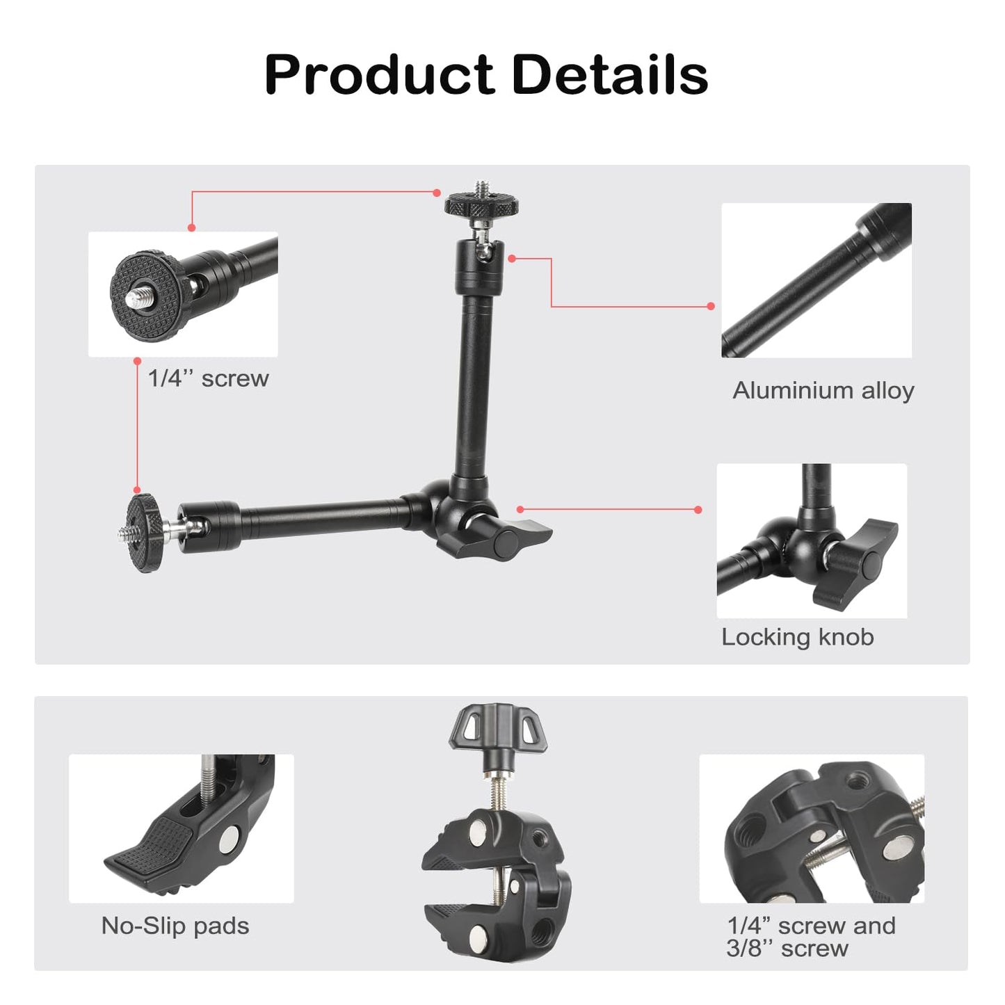 PellKing Magic Arm Clamp Kit, Camera Mount Articulating Friction Arm w 2 Pcs Super Clamp, w 1/4"-20 Screw and Thread Hole, for Camera, Light, Monitor