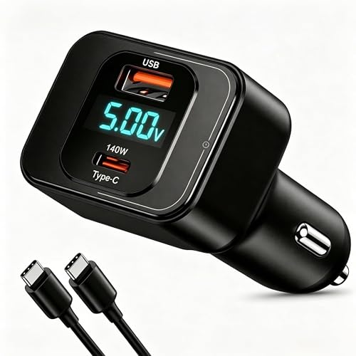 170W USB C Car Charger, PD3.1 140W + 30W Dual-Port Fast Charging Adapter with 240W USB-C Cable, Smart Digital Voltage/Power Display, 12V-24V