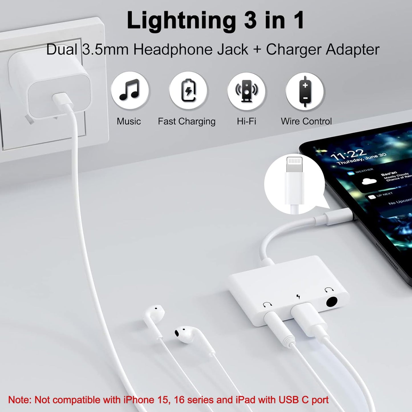 Unitrox 3 in 1 Dual 3.5mm Headphone Jack Adapter - Earphone Jack Audio and Charging Adapter - Headphone Splitter for iPhone 14/13/ 12/11/ X/ 8 - White