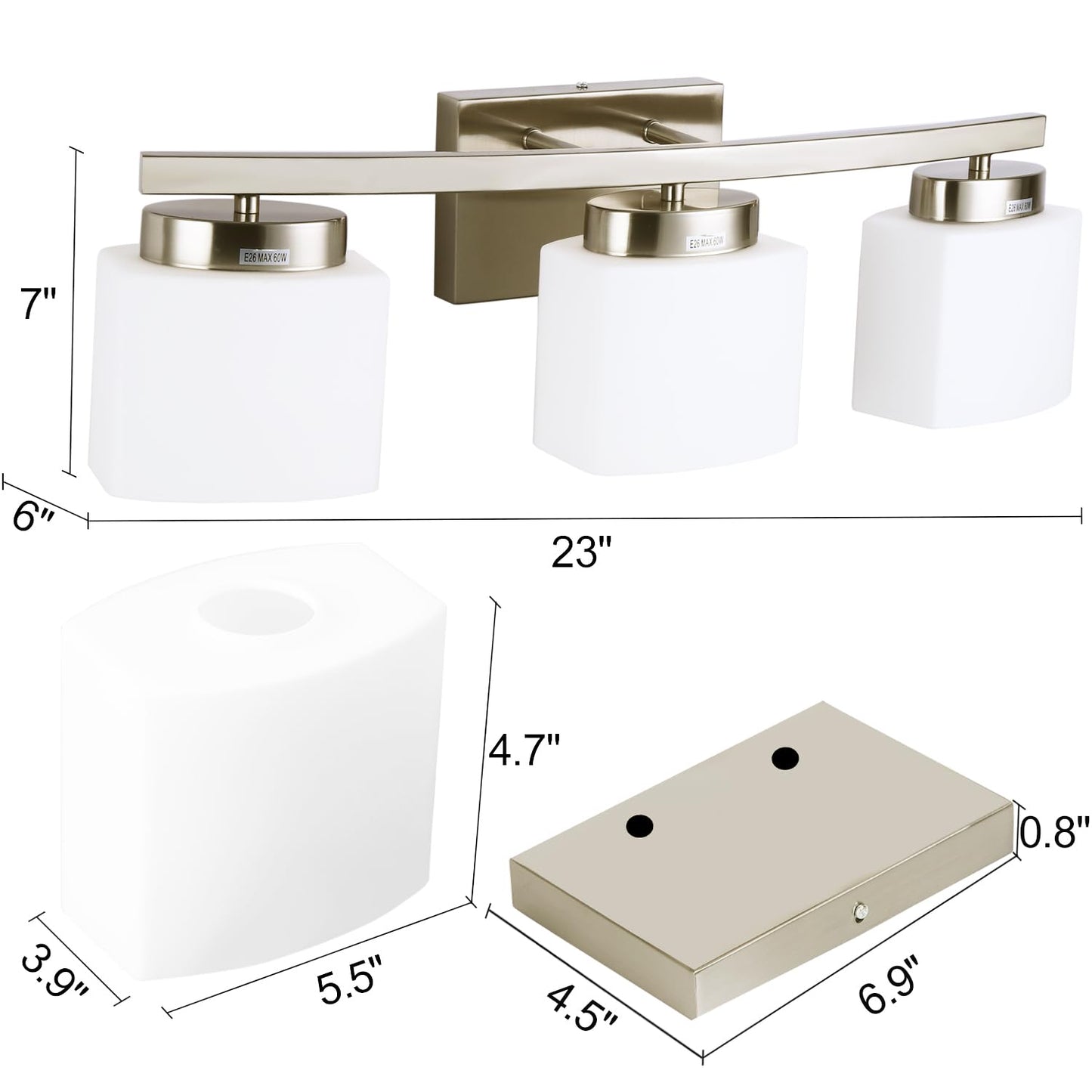 Dosoty 3 Light Bathroom Vanity Light Over Mirror, Modern Brushed Nickel Vanity Lights with Milky Glass Shade, 23 inches Vanity Lighting Fixtures