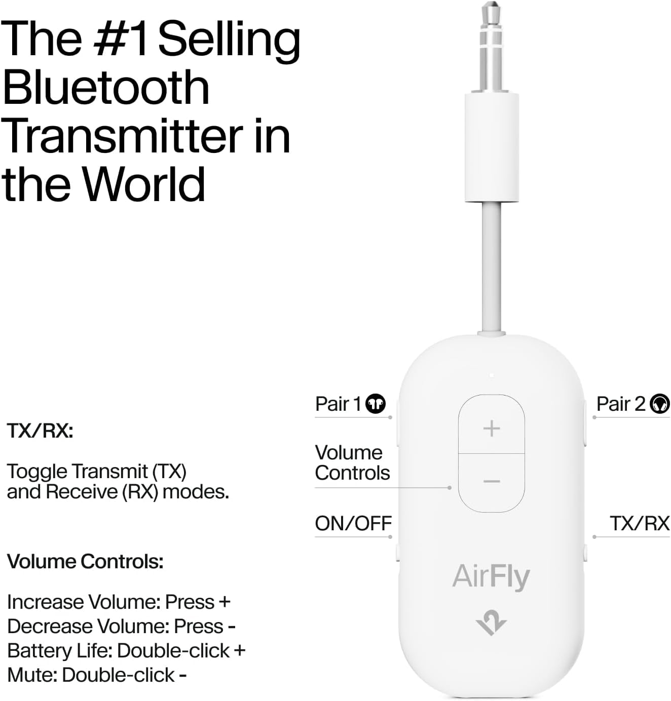Twelve South AirFly Pro | Bluetooth Wireless Transmitter/Receiver Adapter for 2 Headphones, Audio Sharing, Compatible with 3.5mm aux Jack