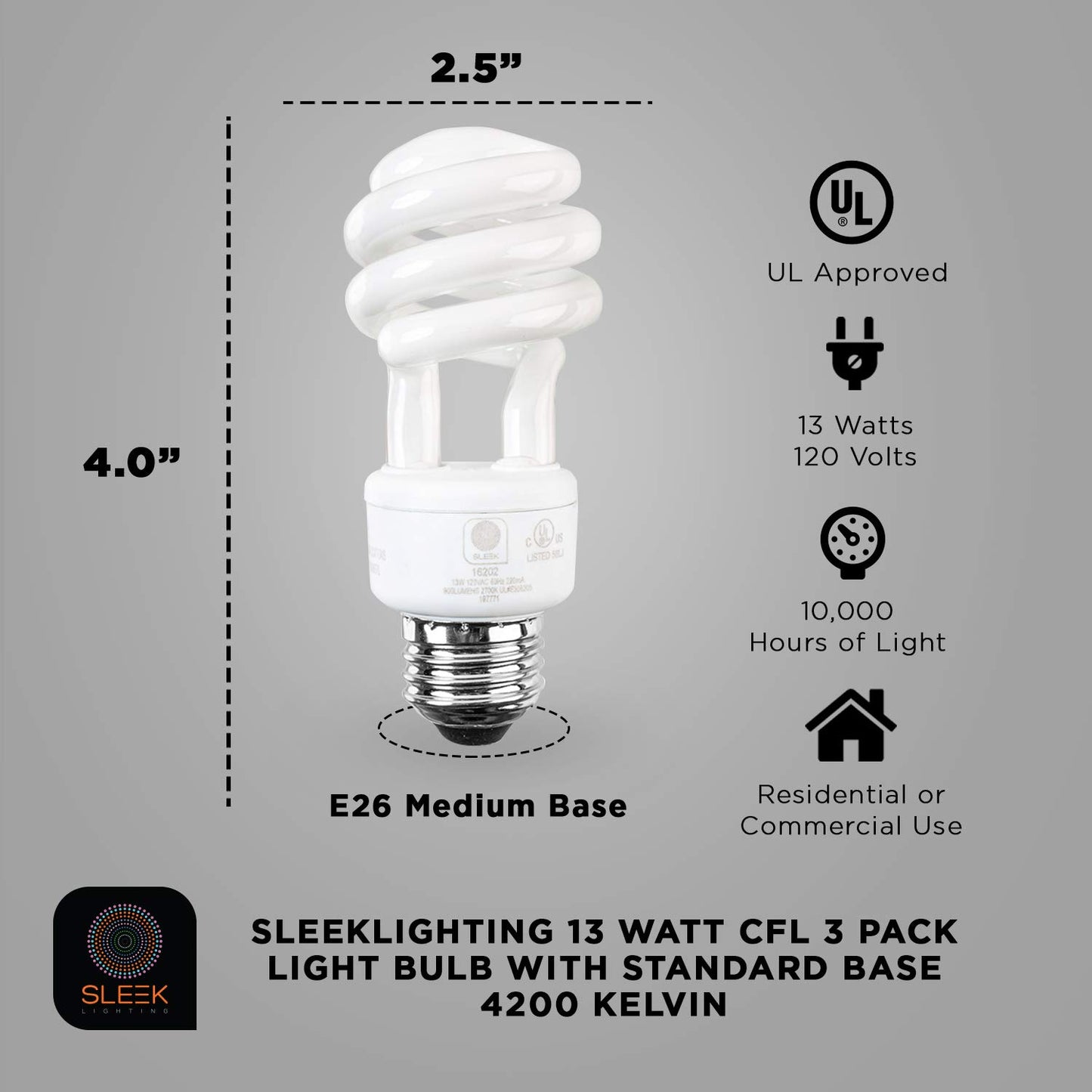 SLEEKLIGHTING E26 Standard Screw Base 13W Spiral CFL Light Bulb Cool White
