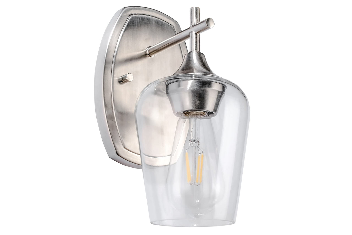 Aspen Creative 62720-09-1, 1 Light Indoor Wall Fixture, 5-1/8" W x 10-1/2" H x 7-1/4" E, Clear Glass w/Satin Nickel Finish, Bulb Not Included