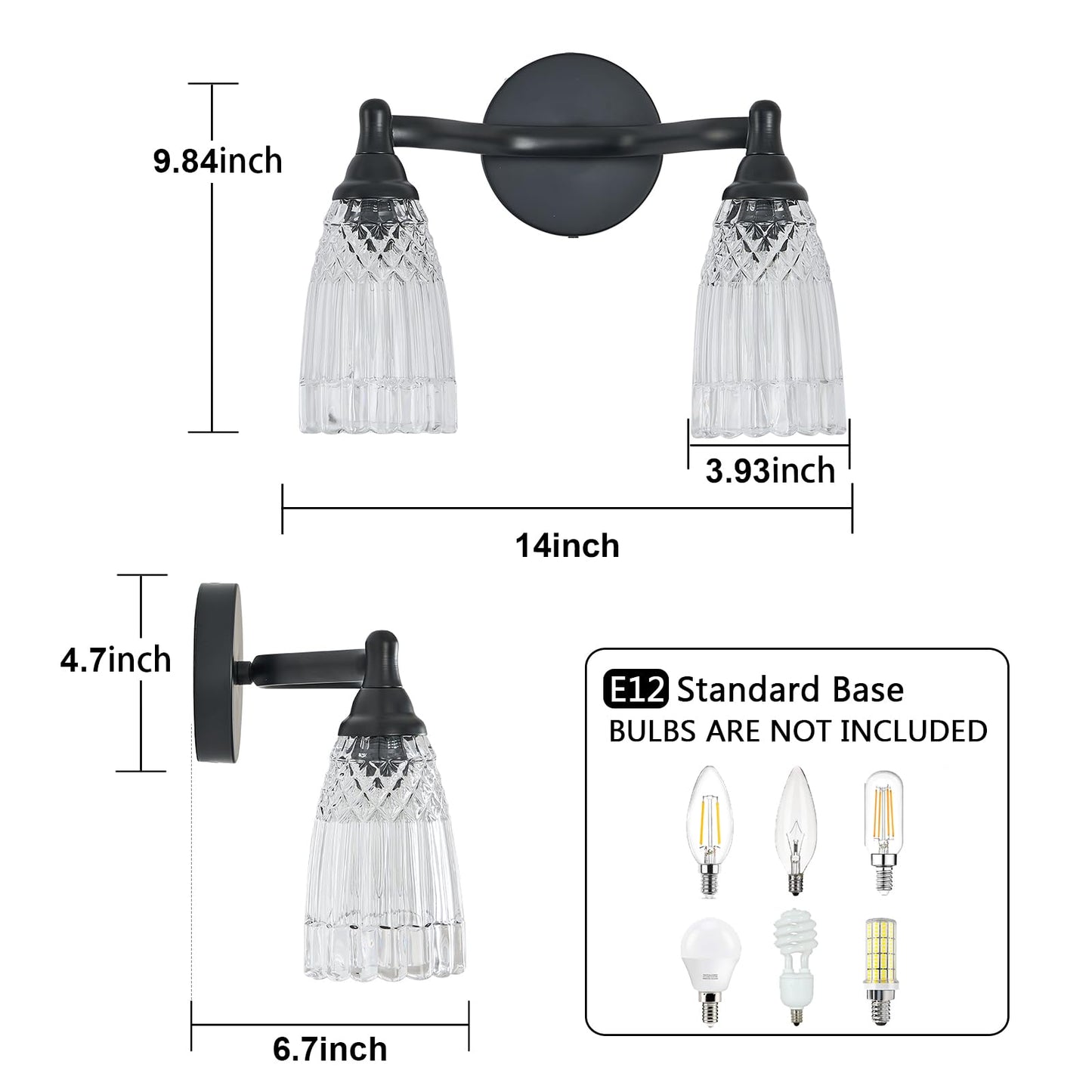 HDDFL Black Bathroom Light Fixture Modern Vanity Lighting 2 Lights Glass Wall Sconce for Bedroom Bath Living Room Hallway