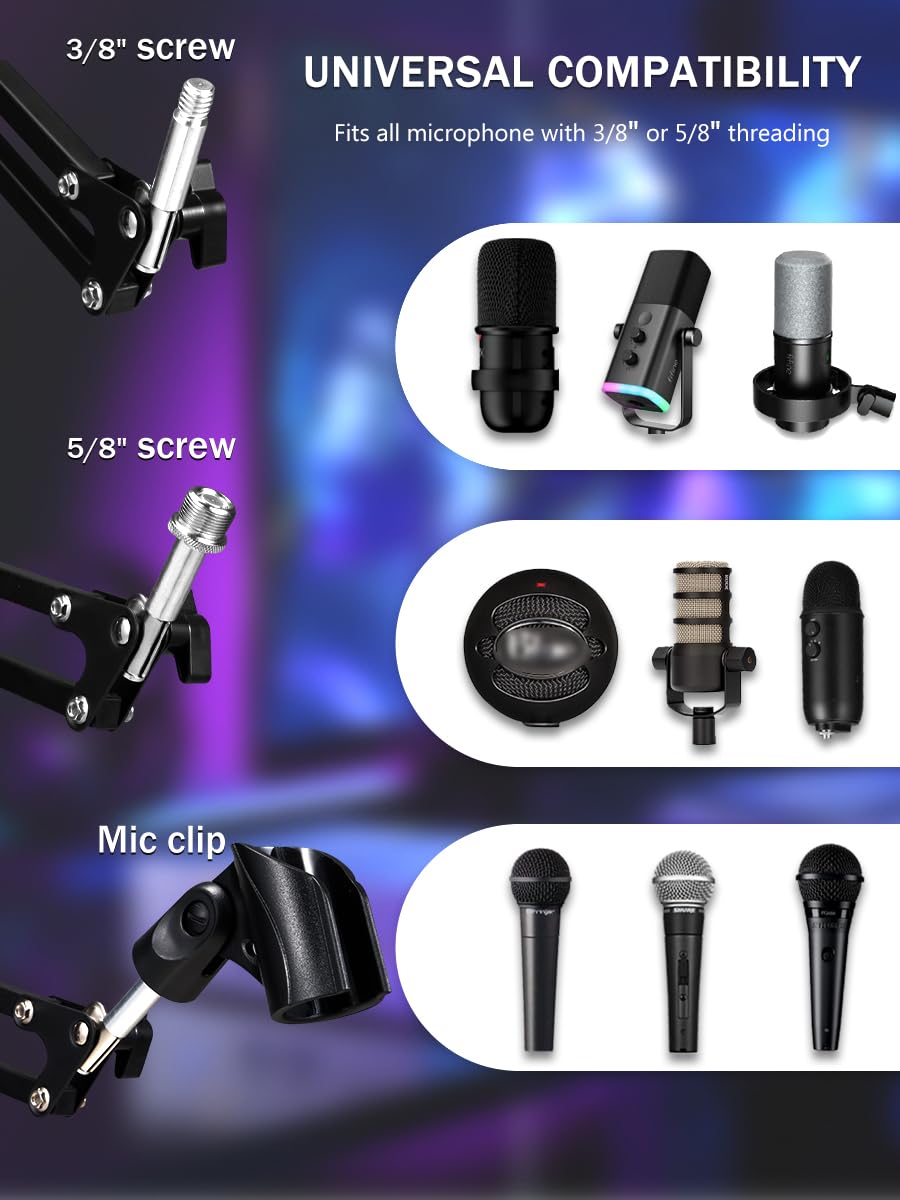 BOSEEN Microphone Boom Arm, Adjustable Suspension Boom Scissor Arm Stand with Heavy Duty Clamp, Pop Filter and Mic Clip Compatible with Yeti, QuadCast
