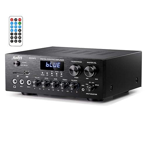 Moukey Stereo Receivers with Bluetooth 5.0, 2.0 Channel Power Audio Amplifier Stereo System w/USB, SD, AUX, RCA, MIC in w/Echo, LED for Karaoke, Home