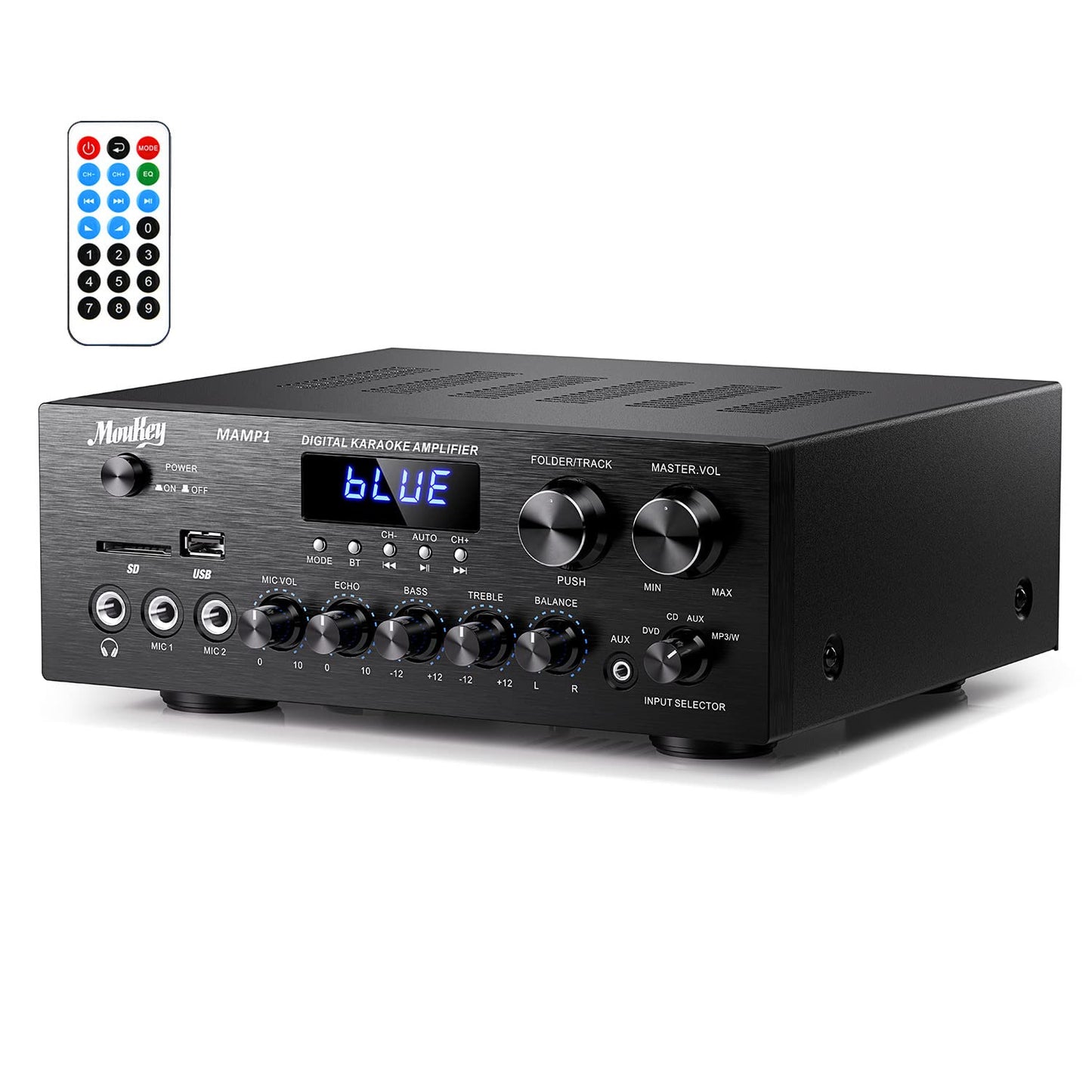 Moukey Stereo Receivers with Bluetooth 5.0, 2.0 Channel Power Audio Amplifier Stereo System w/USB, SD, AUX, RCA, MIC in w/Echo, LED for Karaoke, Home