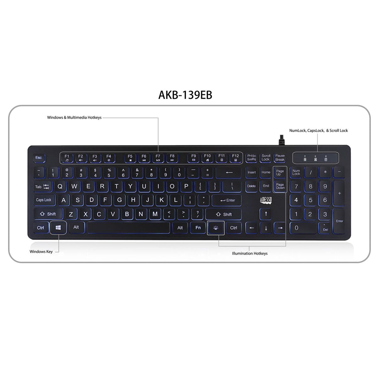 Adesso AKB-139EB 104 Key Large Print LED Keyboard, Blue