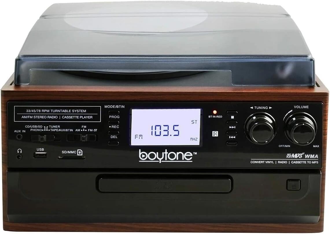 Boytone BT-22M, Bluetooth Record Player Turntable, AM/FM Radio, Cassette, CD Player, 2 Built in Speaker, Ability to Convert Vinyl, Radio, Cassette, CD