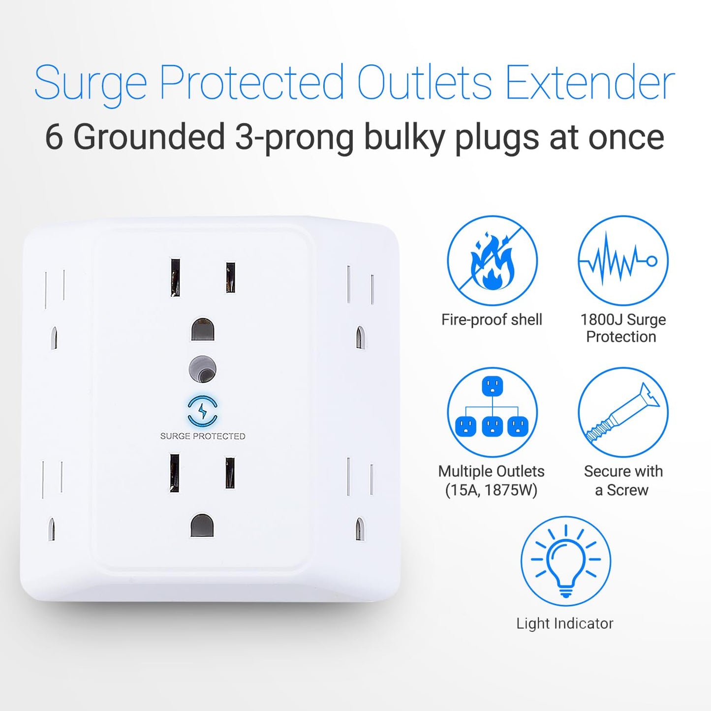 Unidapt Multi Plug 6 Outlet Extender, 2 Pack Surge Protector Wall Splitter, 900J Power Strip 3 Side Wide Spaced Adapter Multiple Charger Expander