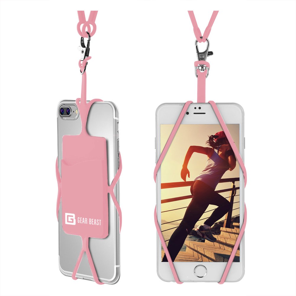 Gear Beast Cell Phone Lanyard - Universal Neck Phone Holder w/Card Pocket and Silicone Neck Strap - Compatible with Most Smartphones, Light Pink