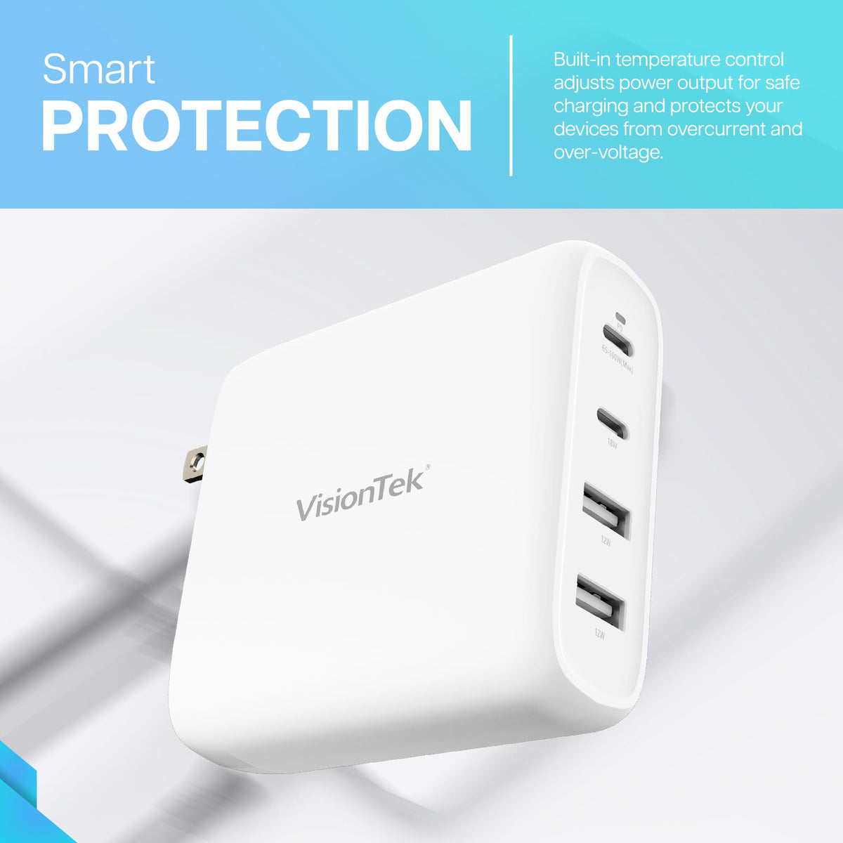 VisionTek 100W 4-Port USB-C Wall Charger, GaN Fast Charge, Foldable Plug