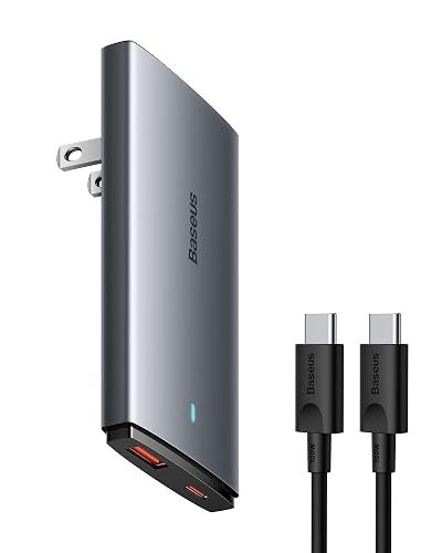 Baseus 65W Flat Wall Charger, 2 Port Ultra-Slim USB C GaN Charger with Foldable Plug for MacBook, iPhone 16/15/14/13/12/11/Pro Max/XS/XR, Samsung