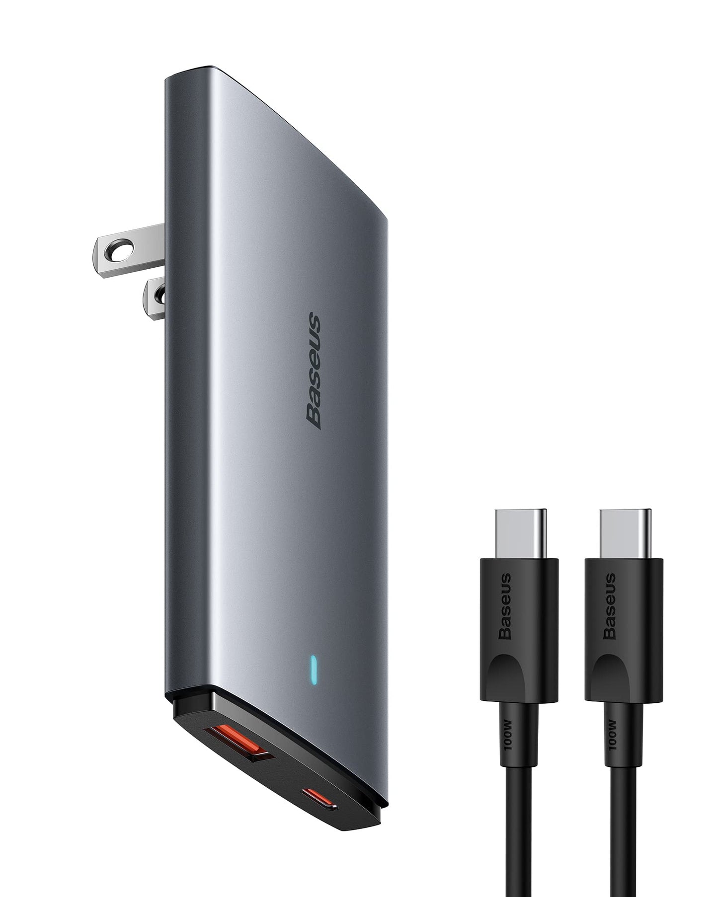 Baseus 65W Flat Wall Charger, 2 Port Ultra-Slim USB C GaN Charger with Foldable Plug for MacBook, iPhone 16/15/14/13/12/11/Pro Max/XS/XR, Samsung