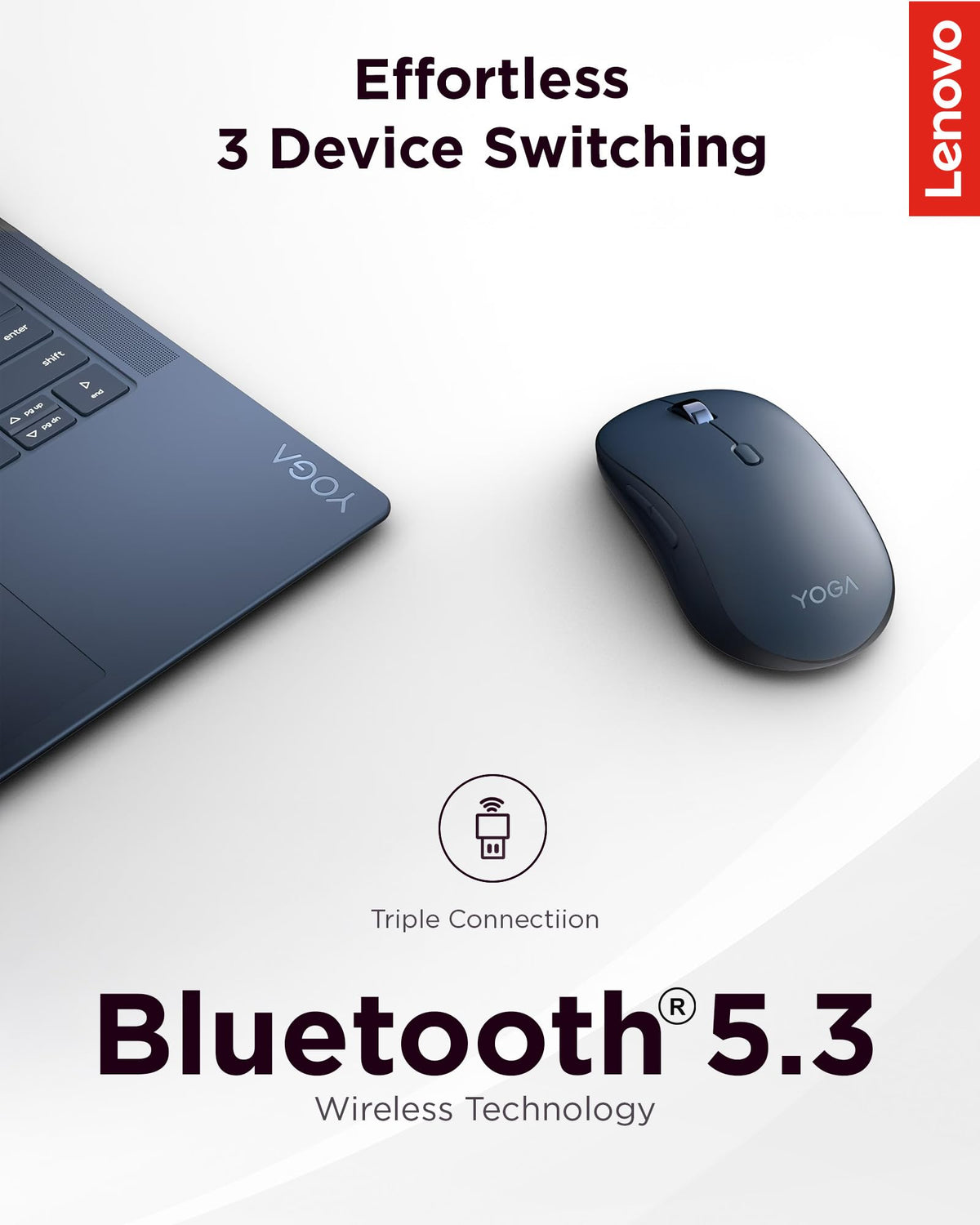 Lenovo Yoga Bluetooth Silent Mouse, 3 Level DPI Adjustment, 36 Month Battery Life, Bluetooth 5.3, 3 Device Paring, Whisper Quiet, Programmable