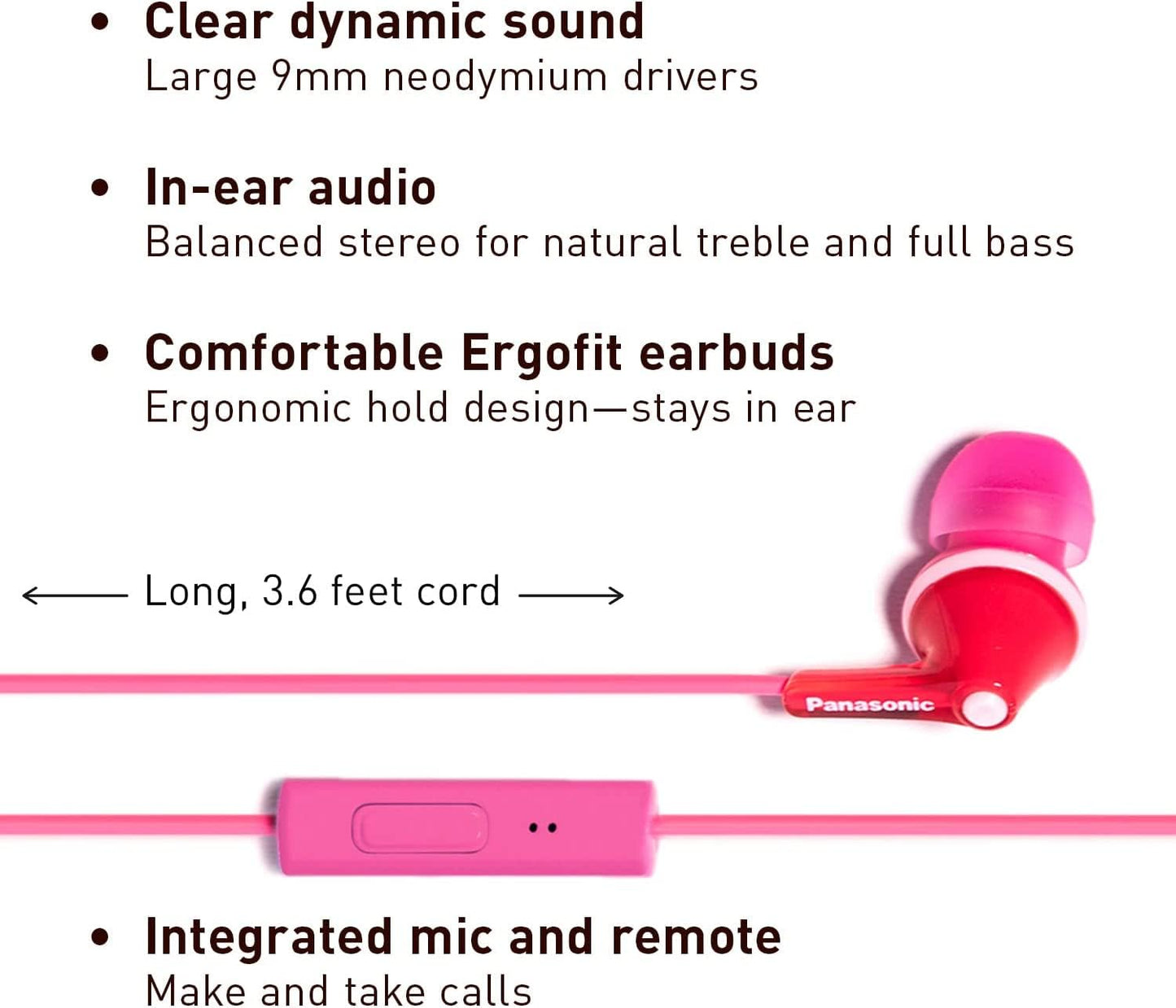 PANASONIC ErgoFit Earbud Headphones with Microphone and Call Controller Compatible with iPhone, Android and Blackberry - RP-TCM125-P - In-Ear (Pink)