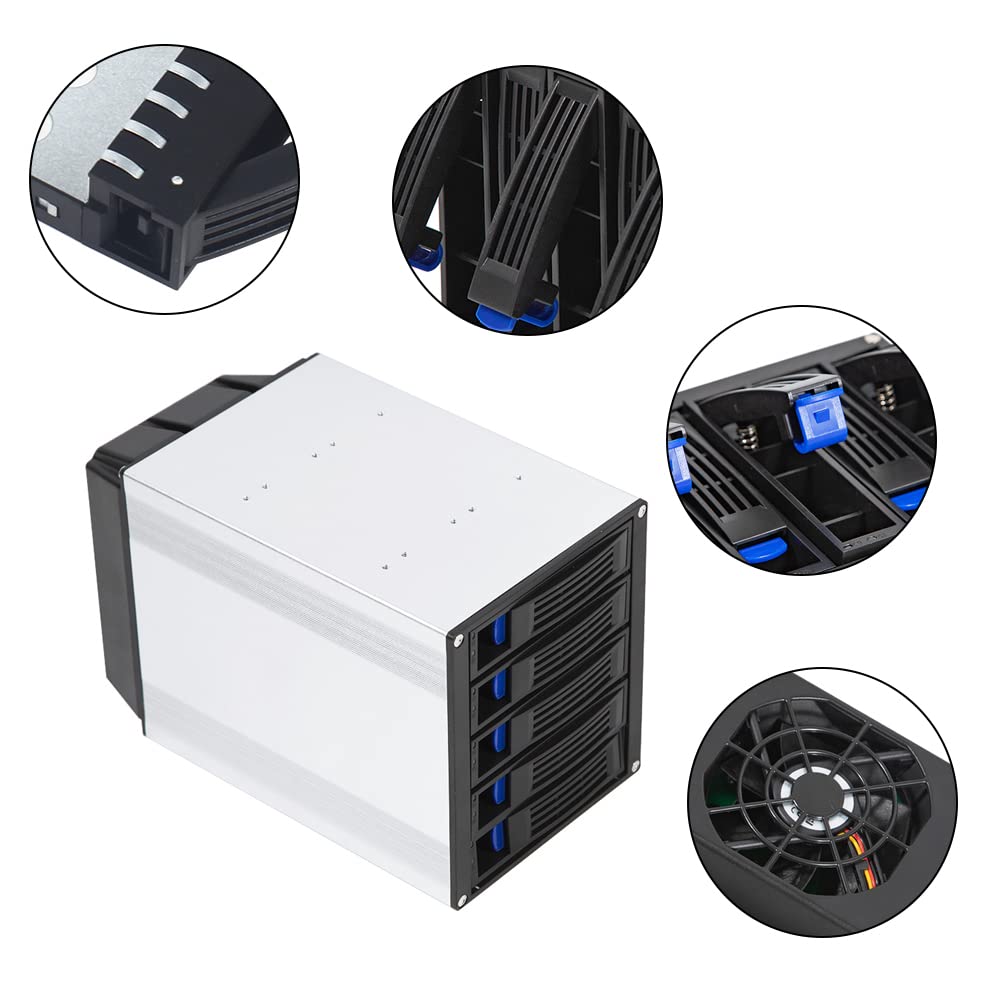 HDD Enclosure Hot Swap Cage, 5 Bay Press-Fit Hard Drive Drawer, Mobile Rack Backplane, for 3 x 5.25 Drive Bays 5X SATA 3.5"/ 2.5" SAS HDD