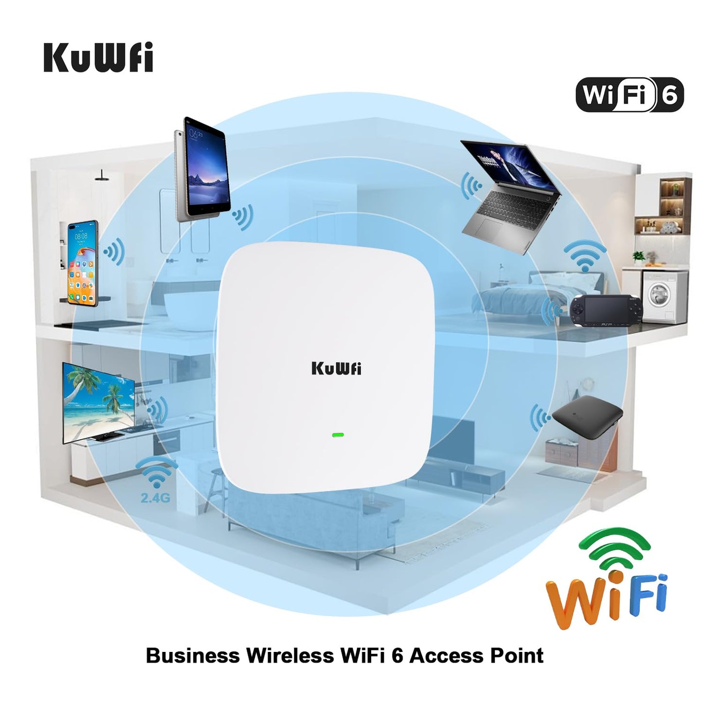 KuWFi WiFi 6 Extender 2.4G&5.8G Long-Range Repeater AX1800 WiFi 6 Indoor Ceiling-Mounted AP Router 48V PoE Powered 1800Mbps High Speed for House