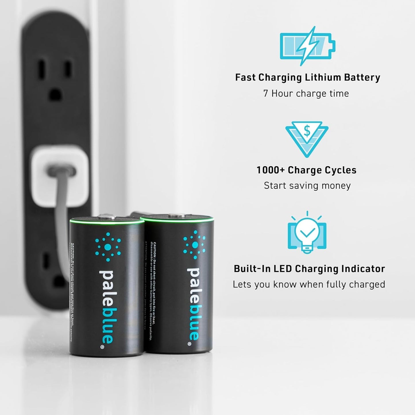 Paleblue 2-Pack USB Rechargeable D Lithium Batteries, Recharge over 1000 Times, 7400 mAh