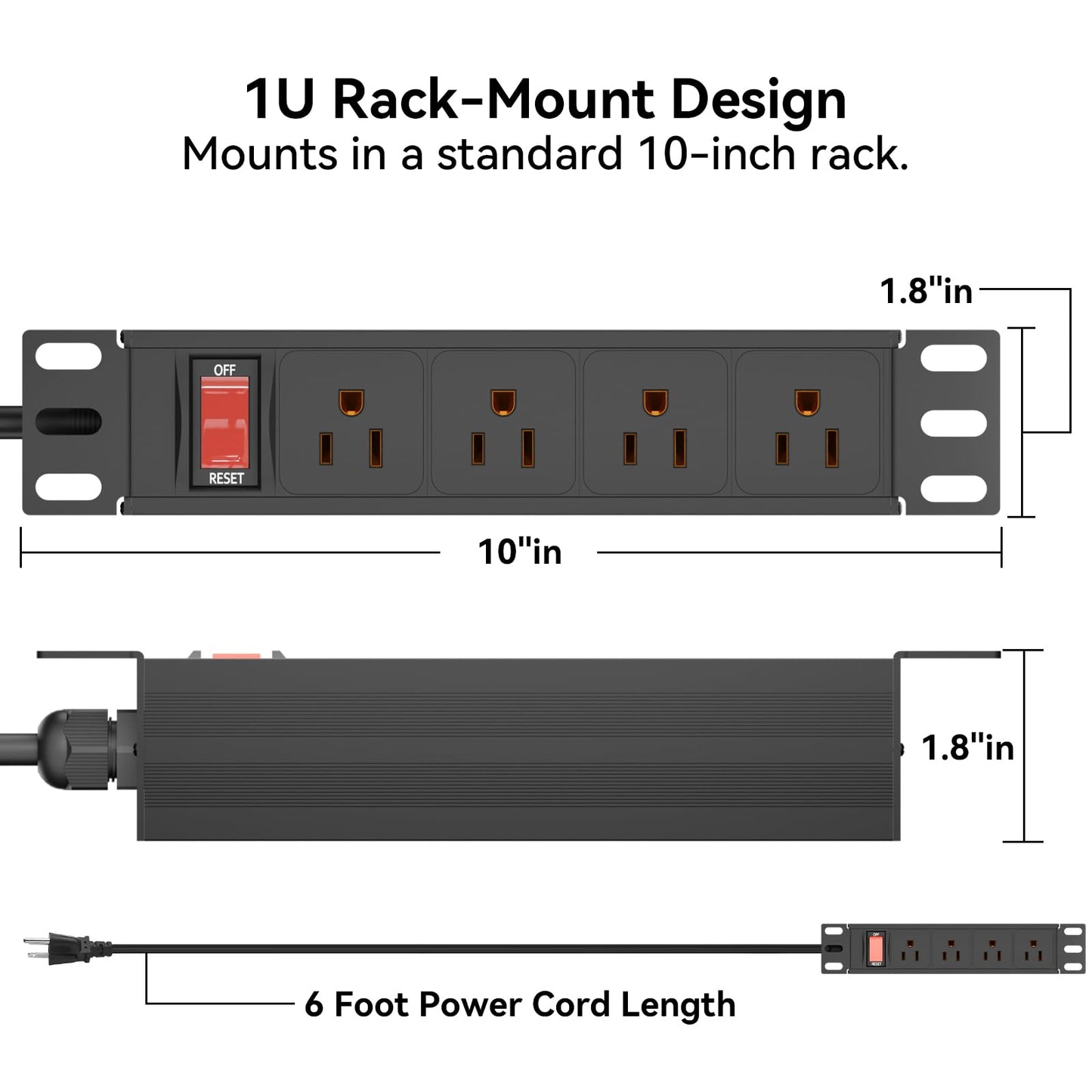 10" Rack PDU- 1U (4Outlets) 10-inch Mini Rack Power Distribution Unit with Protection (125V/15A 6ft Cable), Network Cabinet Rack Mount Power Strip