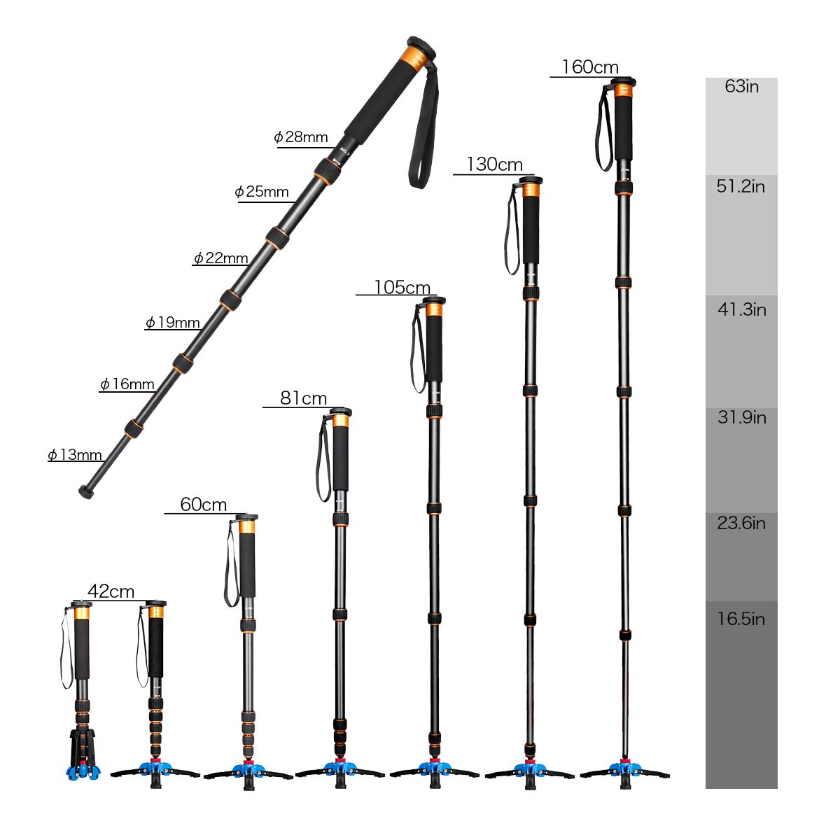 Koolehaoda Lightweight Portable 63-inches Camera Aluminium Monopod with Folding Three Feet Support Stand. 6-Section Leg, Leg max Diameter: ?28MM