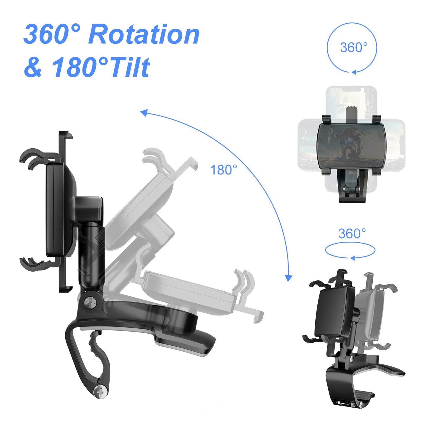 HYTAMY Car Phone Holder, Clip-on Smartphone Holder, 360° Rotation Dashboard Phone Holder, Car Phone Mount Compatible with 4.3-7.6“ Smartphones (NOT