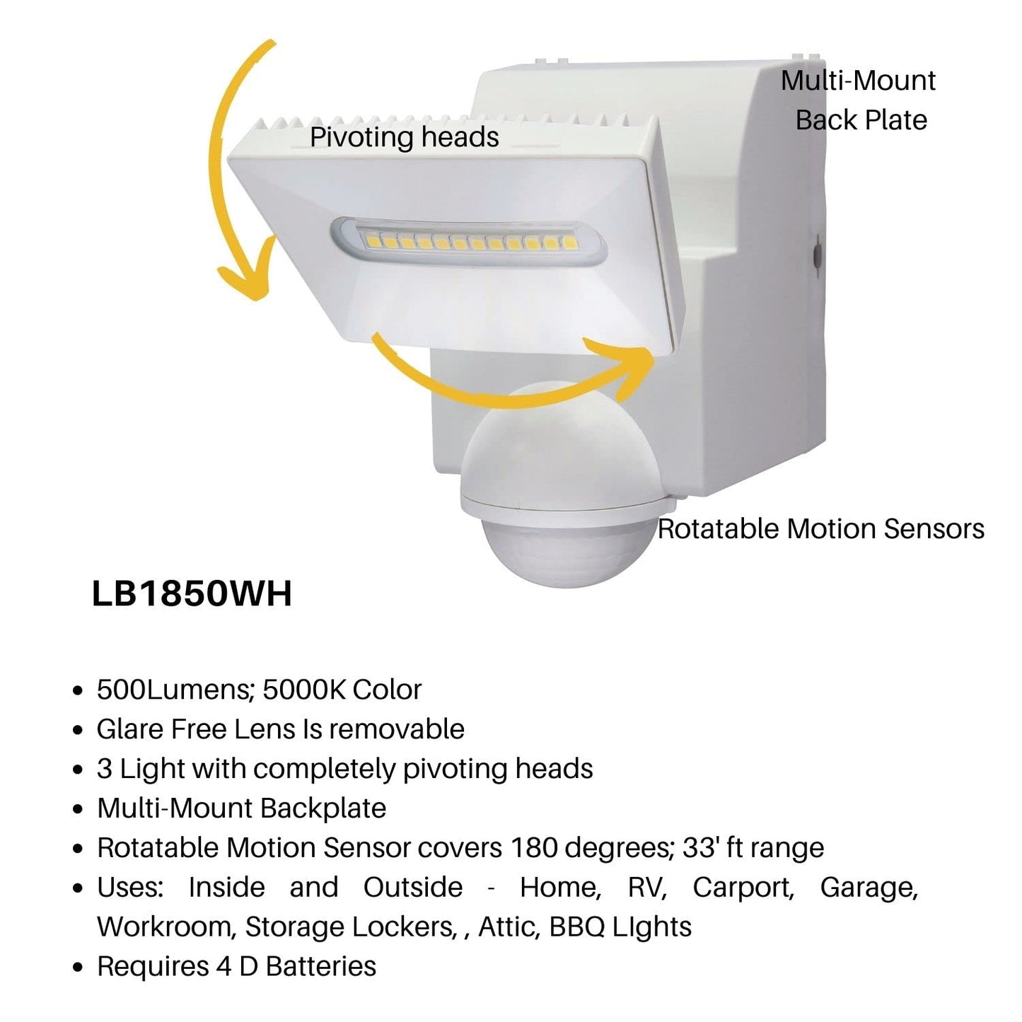 IQ America Motion Security Flood Light, Battery Operated Motion Sensor, 500 Lumen LED, Indoor Outdoor Universal Eave Soffit/Wall Mount Closet Shed