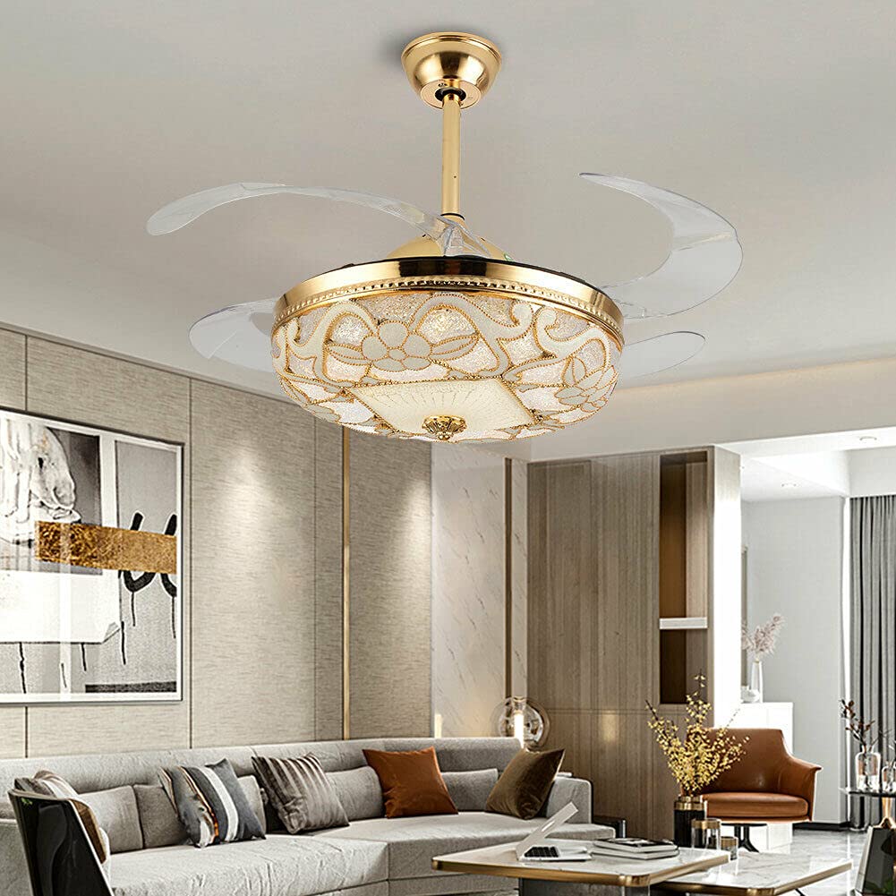 42 Inch Gold Ceiling Fans with Lights and Remote, Modern Floral LED Chandelier Fan Light Kit, 4 Retractable Blades, 3 Color 3 Speed Adjustable, Indoor