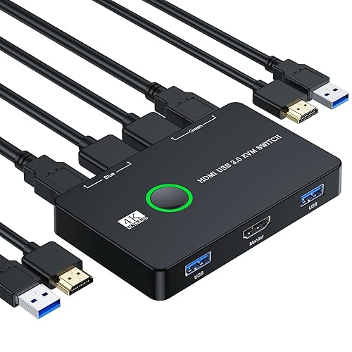 ULXUUUN USB 3.0 Switch for Computers Shares Mouse Keyboard Printer to One HD Monitor, 4K@60 Hz USB and HDMI Switch with 2 HDMI Cables and 2 USB Cables