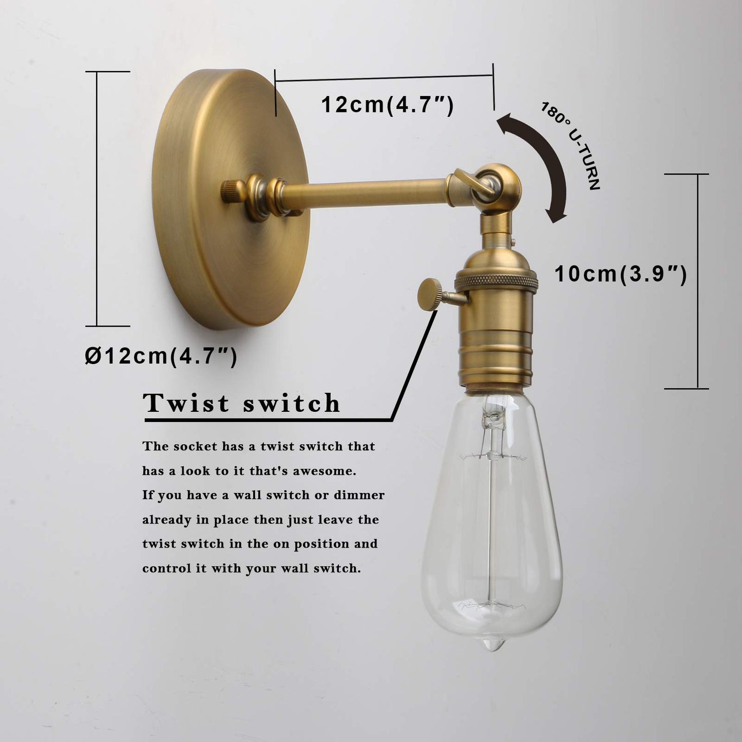 PERMO Industrial Mini Single Sconce Adjustable Simple Metal Wall Sconces Wall Mount Light Fixture, Hardwired, E26 Base, Gold
