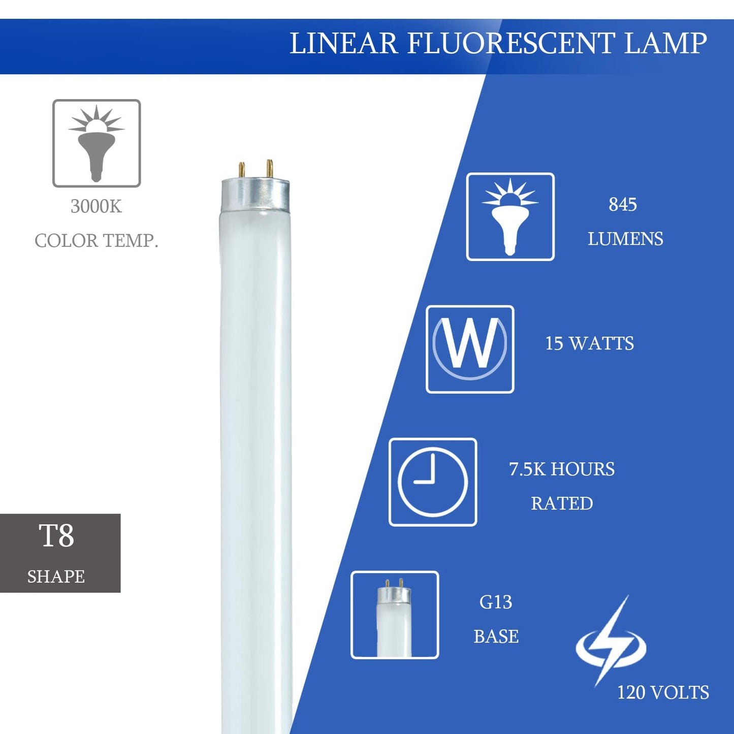 DYSMIO Lighting F15T8-CW 15-Watt 18-inch 3000K - Warm White 825 Lumen Medium Bi-Pin Base T8 Fluorescent Straight Tube Bulb with 3000K - Warm White