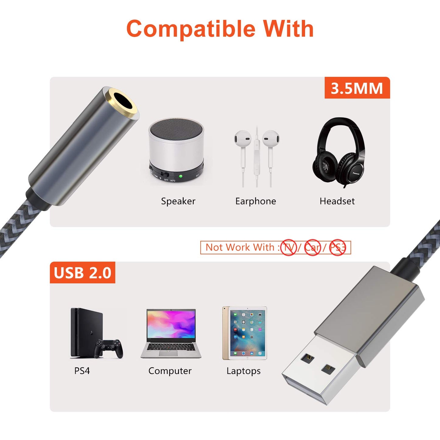 USB to Audio Jack, Morelecs USB to 3.5mm Jack Audio Adapter, USB to Aux Cable with TRRS 4-Pole Mic-Supported USB to Headphone AUX Adapter Built-in
