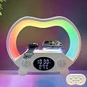 IHAO 6in1 Wireless Charging Station with Bluetooth Speaker Time&Temperature Display Alarm Clock 7-Color LED Night Lights Fast Charger for Phone, Apple