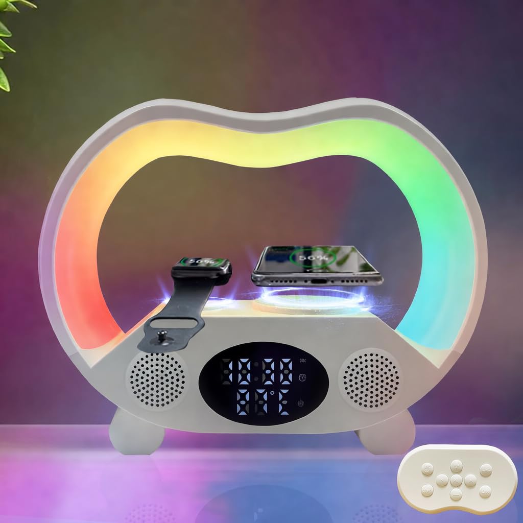 IHAO 6in1 Wireless Charging Station with Bluetooth Speaker Time&Temperature Display Alarm Clock 7-Color LED Night Lights Fast Charger for Phone, Apple