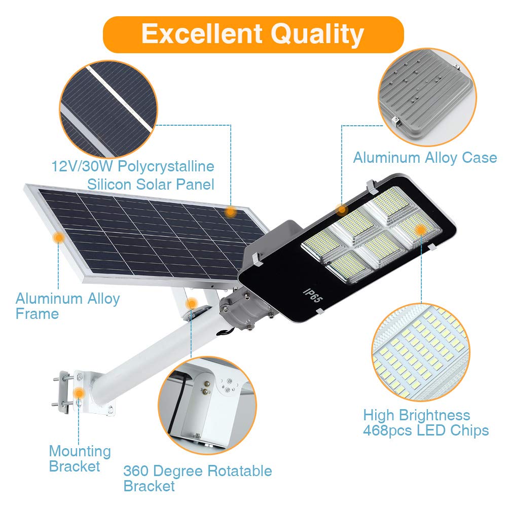 DENGMALL 6000W LED Solar Street Lights Outdoor, Dusk to Dawn Security Flood Light with Remote Control & Pole, Wireless, Waterproof, Perfect for Yard