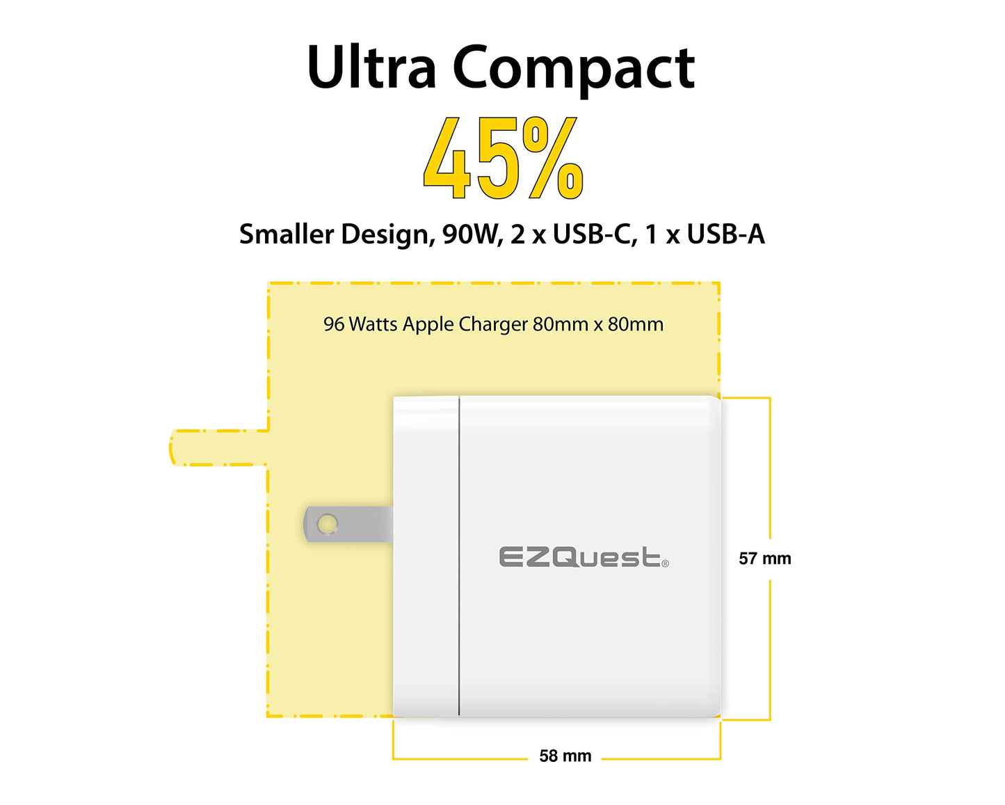 EZQuest 90W USB C Charger - 2X USB-C, 1X USB-A Port, with 2 Meter Cable - Fast Charging Block PD - GAN Charger Wall - EU Converter Compatible