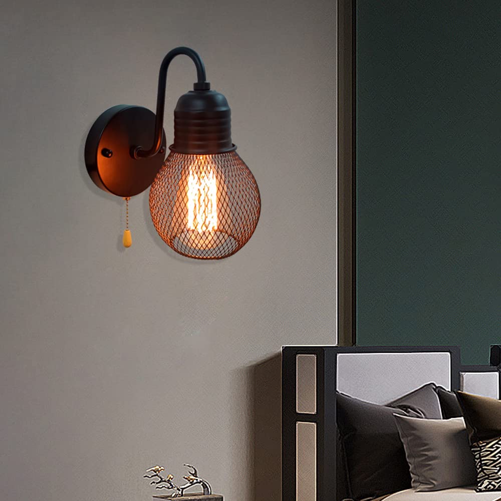 VinTopsh Black Wall Sconce with Pull Chain Switch,1-Light Wall Lamp,Industrial Farmhouse Wall Sconces for Living Room Bedroom Bathroom Kitchen Porch