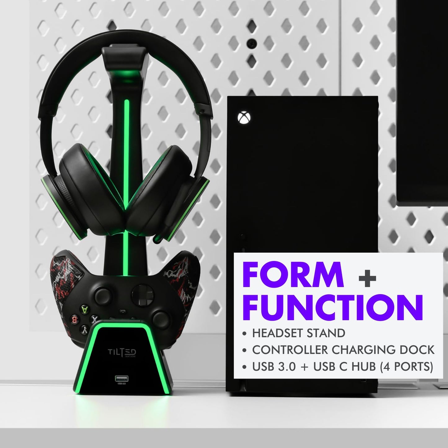 Tilted Nation 3 in 1 Gaming Headset and Controller Stand for PS5 and Xbox Series X Charging Station - Game Controller Holder and Headphone Stand