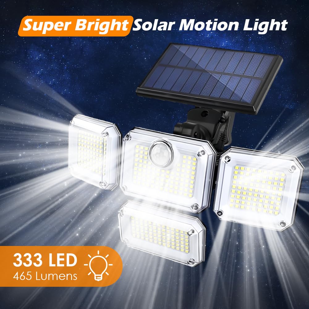 Geminilite Solar Outdoor Lights with Motion Sensor, 333 LEDs Wide Angle Solar Lights,1200LM 3 Modes Solar Lights 270°,7700K Daylight White Remote