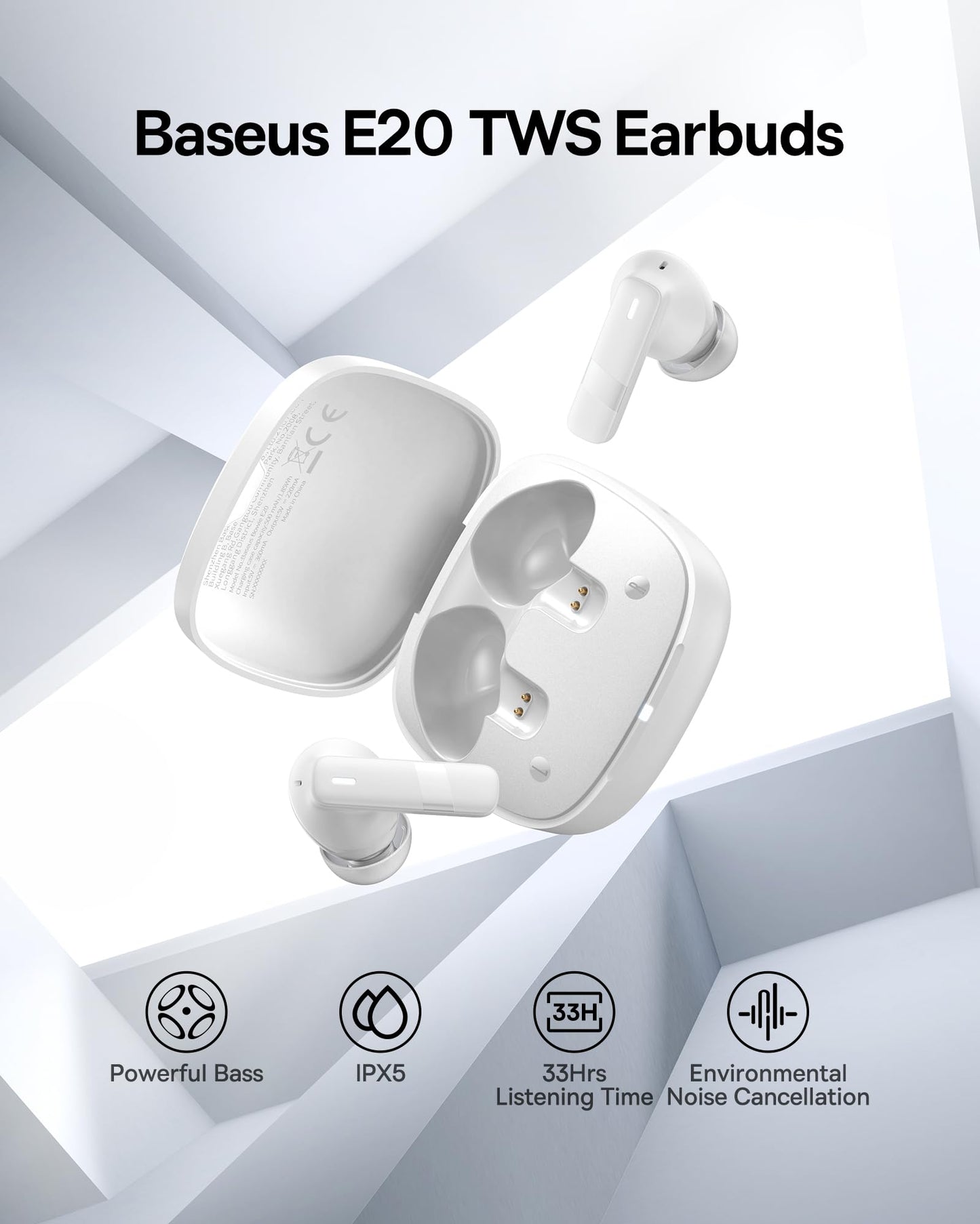 Baseus E20 True Wireless Earbuds, 12mm Drivers with Powerful Bass, 33H Long Playtime, IPX5 Water-Resistant, 2 ENC Mics for Clear Calls, Bluetooth 5.3…