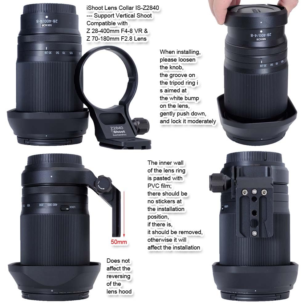 iShoot Tripod Mount Ring Lens Collar Compatible with Nikon Nikkor Z 70-180mm F2.8 & Z 28-400mm F4-8 VR, Support Vertical Shoot, Quick Release Plate