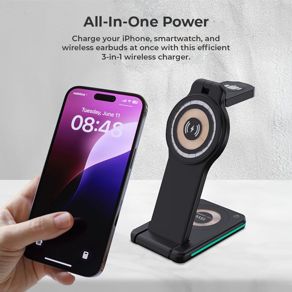 OTM Essentials 3-in-1 Wireless Charger, Fast Charging Station for iPhone, Smartwatch, and Wireless Earbuds, Portable Power Bank, Sleek, Space-Saving