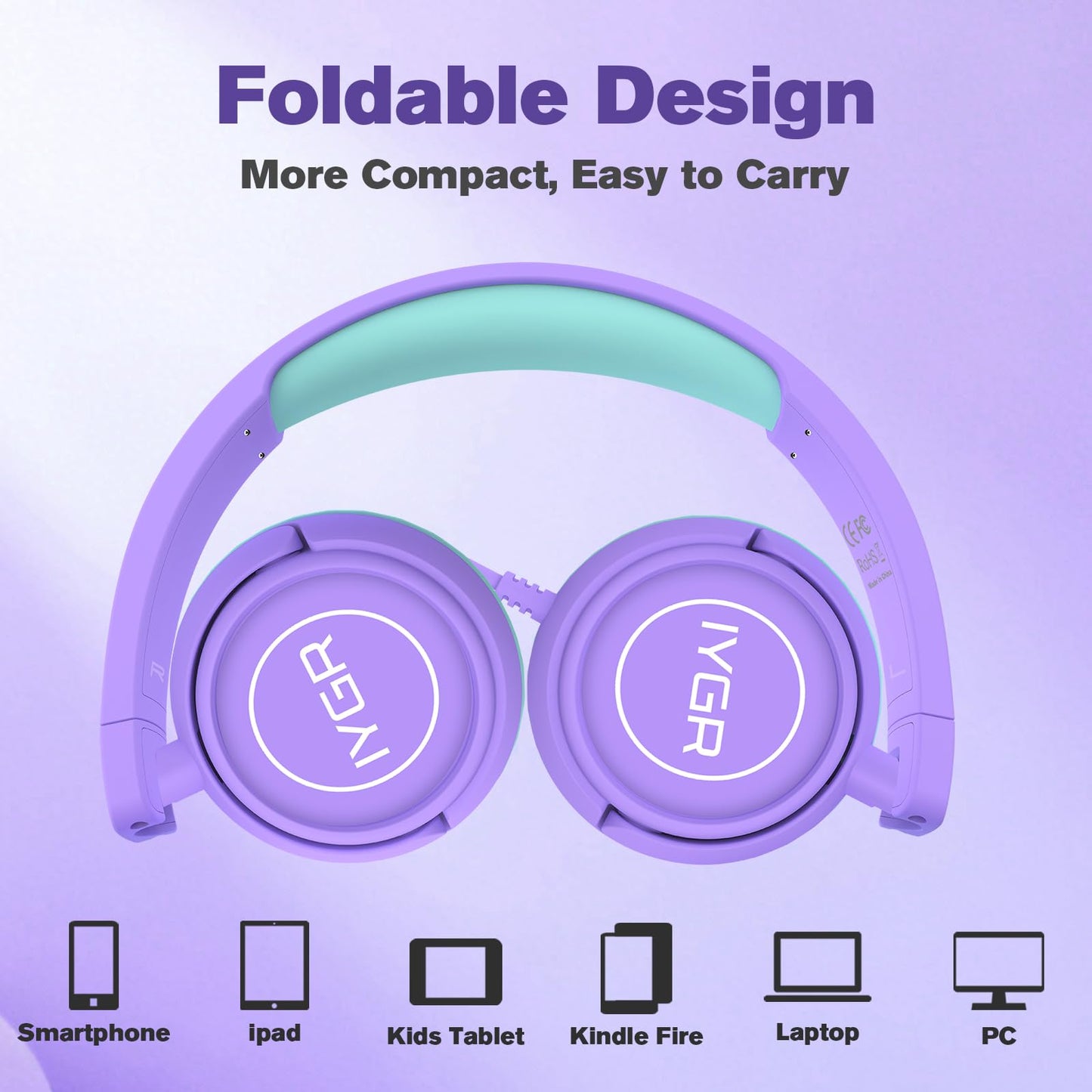 IYGR K6C Kids Headphones with USB-C, for Toddler & Kids Ages 2-12, 85dB Safe Volume Limited, Adjustable Headband & Foldable Wired, On-Ear Headphones