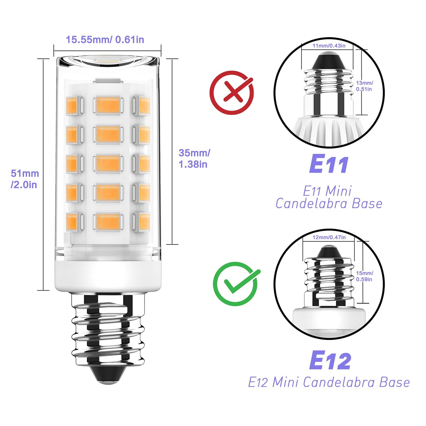 RuLEDne E12 LED Bulb, Mini Candelabra Base, 4W (40W Replacement), 3000K Warm White Not Dimmable, T3/T4 Small Bulb for Ceiling Fans and Chandeliers, 6