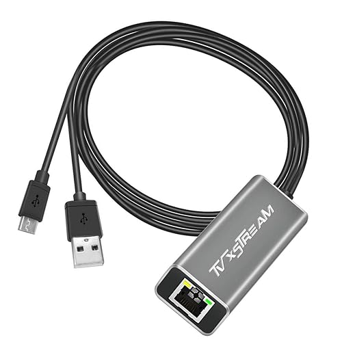USB Ethernet Adapter (Silver) for Fire TV Stick Lite/4K/4k Max Firestick or Chromecast with Micro not Type C connection, USB to RJ45 Ethernet, 3ft