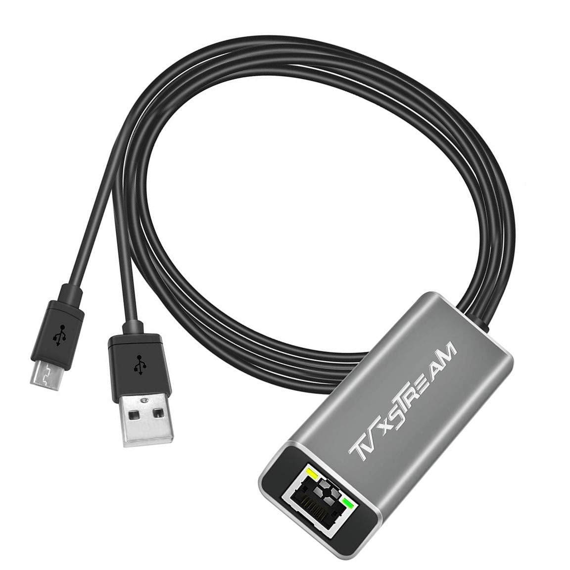 USB Ethernet Adapter (Silver) for Fire TV Stick Lite/4K/4k Max Firestick or Chromecast with Micro not Type C connection, USB to RJ45 Ethernet, 3ft