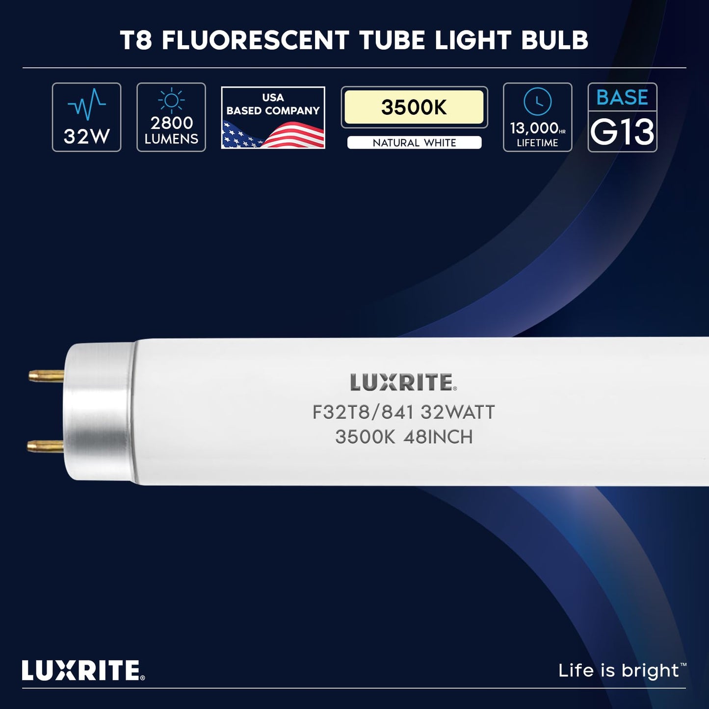 LUXRITE F32T8/835 32W 48 Inch T8 Fluorescent Tube Light Bulb, 3500K Natural White, 2800 Lumens, G13 Medium Bi-Pin Base, LR20740, 6-Pack