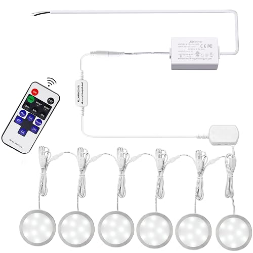 AIBOO Linkable Under Cabinet LED Lighting Hard Wire 12V Slim Aluminum Dimmable Puck Lights with Wireless Controller for Ambiance Lighting(6 Lights